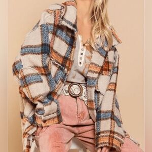 POL•Cozy Up Spice Plaid Shacket